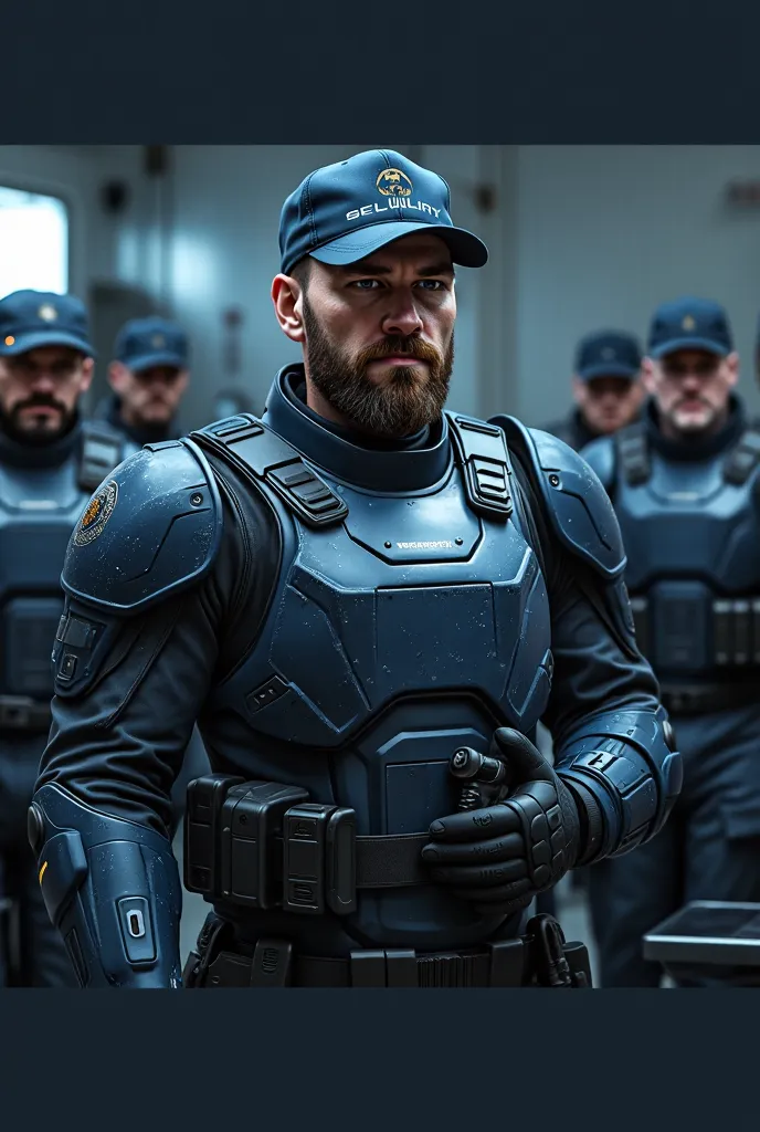 Futuristic senior officers in dark blue ballistic armor (with light scuffs and scratches), cap with an unobtrusive military logo,  short beard and mustache ,  determined look , Conceptual Style (concept art), semi-profile, cinematic lighting, 8k, hyper-rea...