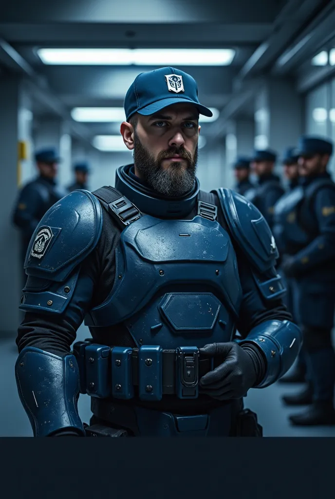 Futuristic senior officers in dark blue ballistic armor (with light scuffs and scratches), cap with an unobtrusive military logo,  short beard and mustache ,  determined look , Conceptual Style (concept art), semi-profile, cinematic lighting, 8k, hyper-rea...