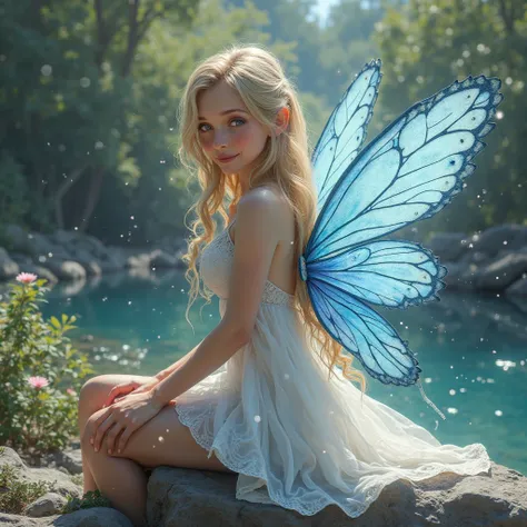  creates a realistic very pretty blonde ager with pink eyes, She is dressed in white and bright blue wings Shades of sky blue or deep blue a fairy sitting on a rock next to the river, Your dress is a little wet from the water