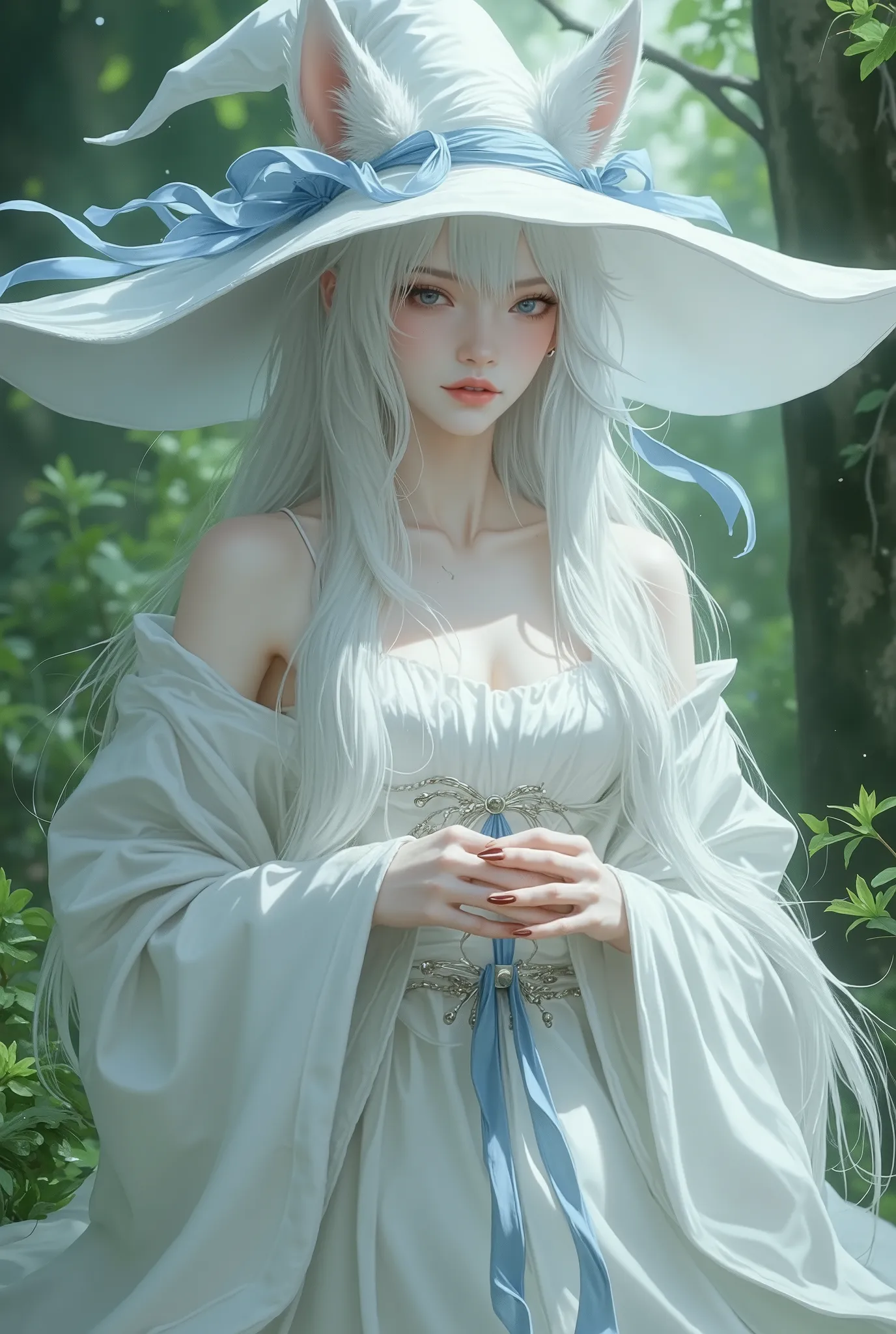 woman, fair skin, pink lips, long white hair, white wolf ears, blue eyes, wearing a white witch's hat with blue ribbon, white clothes, Full body,dressed as a medieval princess, in a garden