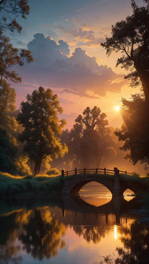 A dreamy countryside landscape at sunset, where a rustic wooden bridge arches gracefully over a gently flowing river. The golden-orange hues of the setting sun cast a warm glow over the rolling fields, creating a nostalgic and magical atmosphere. Soft mist...