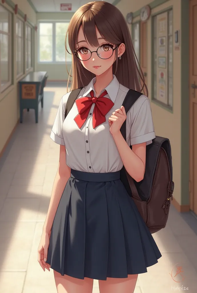 The model is wearing glasses Create a realistic illustration of a young woman wearing a classic and stylized student uniform. Ela tem um rosto delicado e expressivo, with large, bright eyes that convey intelligence and curiosity. Your hair is straight and ...