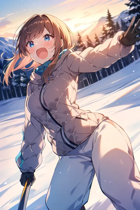 (score_9, score_8_up, score_7_up), source_anime, masterpiece, best quality, 1 cute girl, solo, japanese, blue eyes, brown hair, middle hair, straight hair,  middle breasts, winter, ski area, skiing, laugh, with classmates, low angle