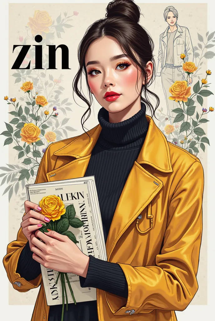 A fashion logo with the letter "ZIN" in a stylish font, a fashionable young woman with an yellow colour rose, a  sewing pattern book on hand and fashion illustration patterns background