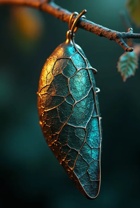 A highly detailed close-up of a metallic chrysalis hanging from a branch, seamlessly transitioning into the texture and color scheme of a butterfly wing. The chrysalis has a reflective deep teal surface with golden-orange cracks, resembling the pattern of ...