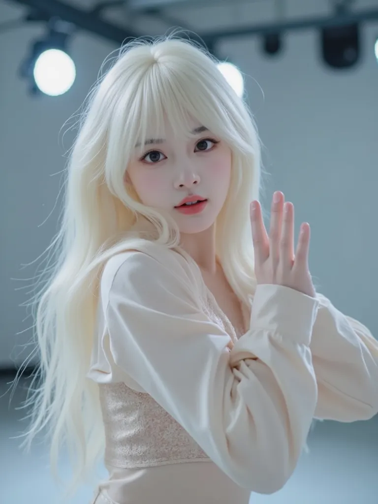 A kpop girl, Chinese, long platinum blonde hair, curtain bangs, dark brown eyes, plump lips, big eyes, pretty, 19 years old, kind of looks like Kim Jennie, in practice room, dancing around 