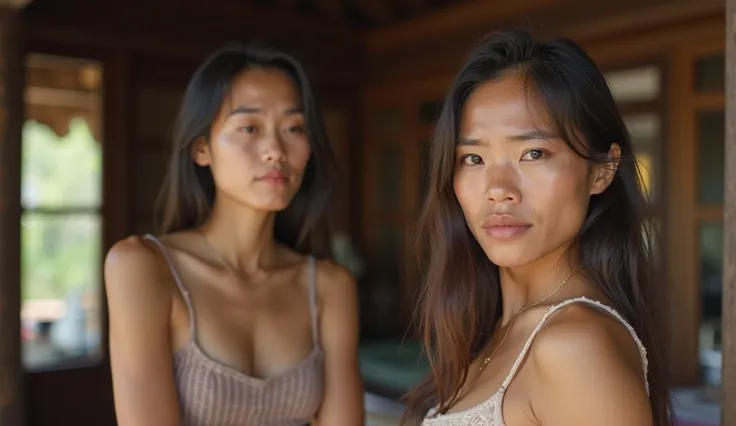 A middle-aged Thai woman is making an angry face, and next to her is a Thai woman of about 20 years old, beautifully dressed in a short, cropped top and with large breasts. The atmosphere is a Thai wooden house.