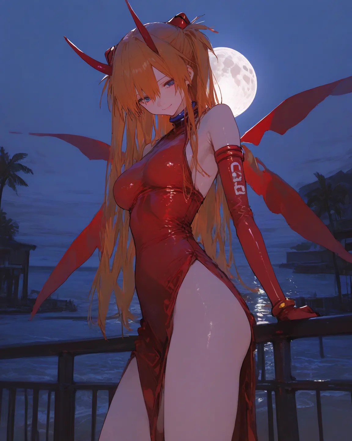    masterpiece, high quality、   vibrant, open legs,      latest,  
medium breasts,  Neon Genesis Evangelion、        woman 1 person、 、Su Long Aska Langley 、   orange hair、    Blue Eyes、   red big horn、Very big red wings、   red plug suit、  exposes shoulders、...