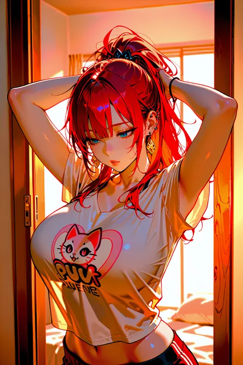 (masterpiece), (portrait), big breasts (aesthetics), ((1 female 21 years old)), Highlight earrings), ((long hair, piercing in the ear, punk girl style )), ((Hot red hair, messy hair, high ponytail, sleepy face)), straight hair, thin eyes open, blue eyes, c...