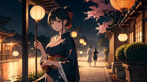 A castle town at night during the Edo period. The soft moonlight quietly illuminates the streets, casting gentle reflections of paper lanterns onto the cobblestone paths. Cherry blossoms flutter in the wind, and a faint, ethereal mist drifts through the ai...