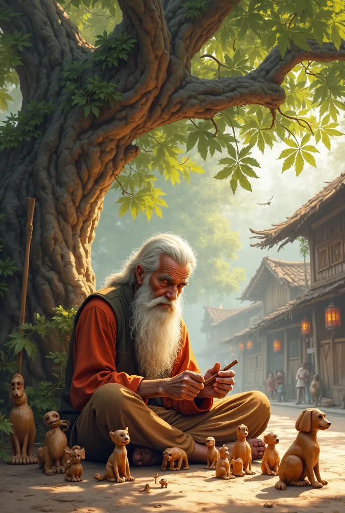 An elderly man with a long white beard sits under a giant banyan tree in the village square, carving wooden toys. The warm afternoon light shines through the leaves, and birds chirp nearby."