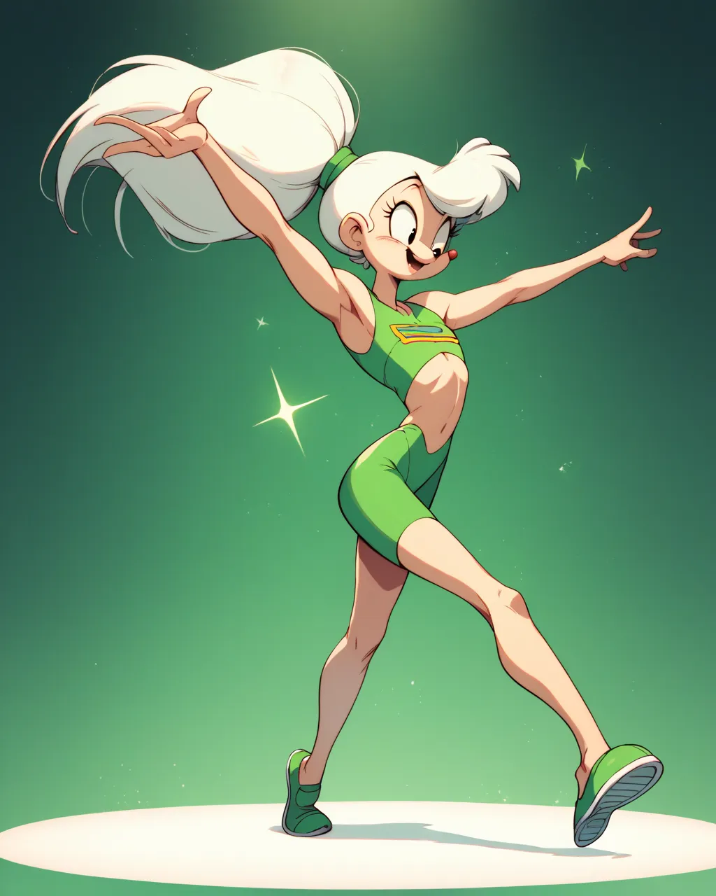 Speed (young human male, white hair, green and white supersuit), dancing, Tokyo background, tiny toons style, by diives, 