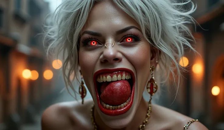 A close-up of a fantasy woman with sharp teeth and an unnaturally large open mouth, revealing sharp fangs and a monstrous tongue. Her eyes glow red with a playful yet menacing expression. She has wild, silver-white hair flowing chaotically around her face....