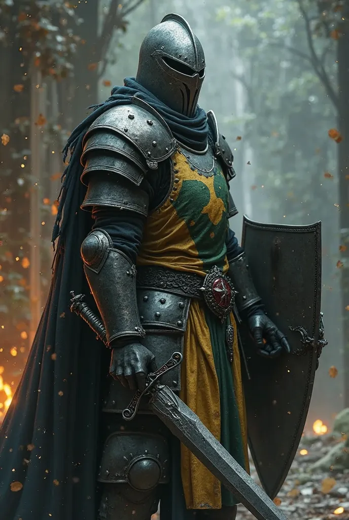 a close up of a person holding a sword and a shield, concept art by Adam Marczyński, reddit, unilalianism, dark souls knight, the dark souls knight, (((knight))), knight, evil knight, light coming off of the armor, holds a sword, gothic knight, fant asy kn...