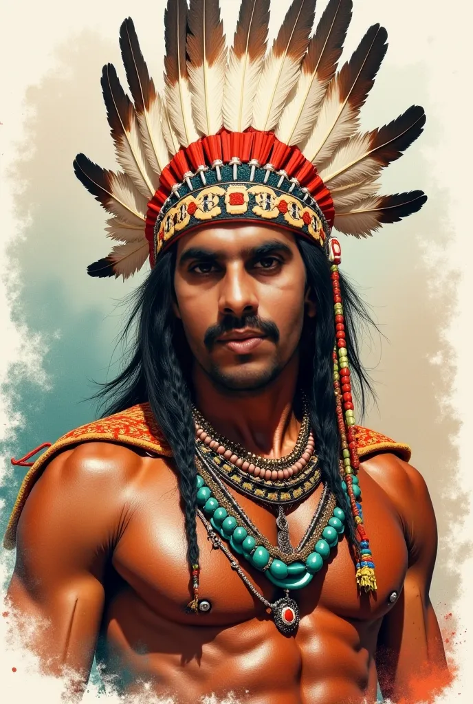 Superman and BatmaA portrait of a man, likely in his late twenties or early thirties, of Asian descent. He is wearing a traditional Native American headdress adorned with numerous feathers, predominantly brown and beige.  He has a muscular build, and a ser...