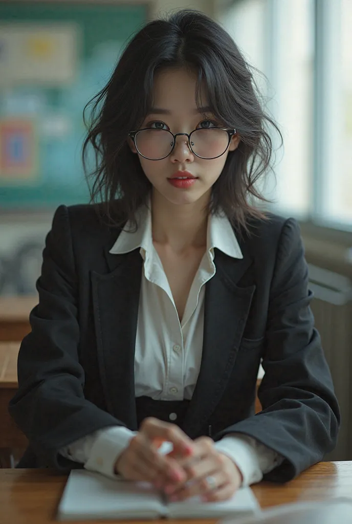 Korean girl, Sexy，fashionable，Cold，  on t ，Hips，teacher uniform，long sleeve shirt， skirt，cleavage,  glasses，student， Classroom ， sitting lead to the table