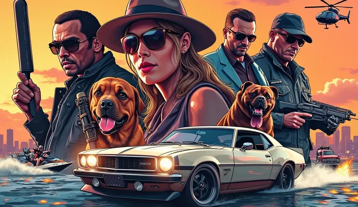 A vibrant, high-detail collage of characters and action-packed scenes in the Grand Theft Auto V (GTA V) art style. The image includes various characters in dynamic poses: a gangster holding a bat, a masked heist robber with a shotgun, a woman in sunglasses...