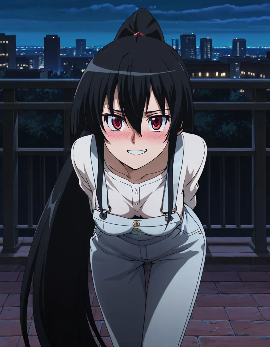 1girl, solo,Akame, red_eyes, black_hair, very_long_hair, hair_between_eyes, medium_breasts, wearing a plain white shirt, light blue overalls,standing, looking at viewer,blushing, embarrassed, bent over, smile, teeth,ponytail hair, arms behind back,outdoors...