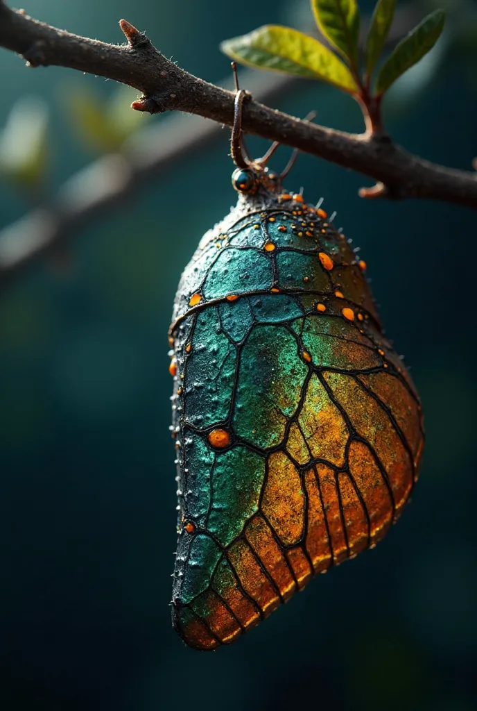 A highly detailed close-up of a  chrysalis hanging from a branch, seamlessly transitioning into the texture and color scheme of a butterfly wing. The chrysalis has a reflective deep teal surface with golden-orange cracks, resembling the pattern of butterfl...