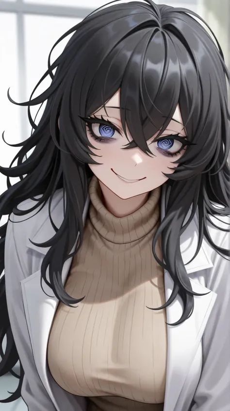 Masterpiece, detailed, high resolution illustration, 1 girl, Mature female, black long hair, hair between eyes, crossed bangs, long eyelashes, black eyelashes, tall, messy hair, smile, bags under eyes, medium breasts, @ @, crazy eyes, sweater, lab coat, sm...