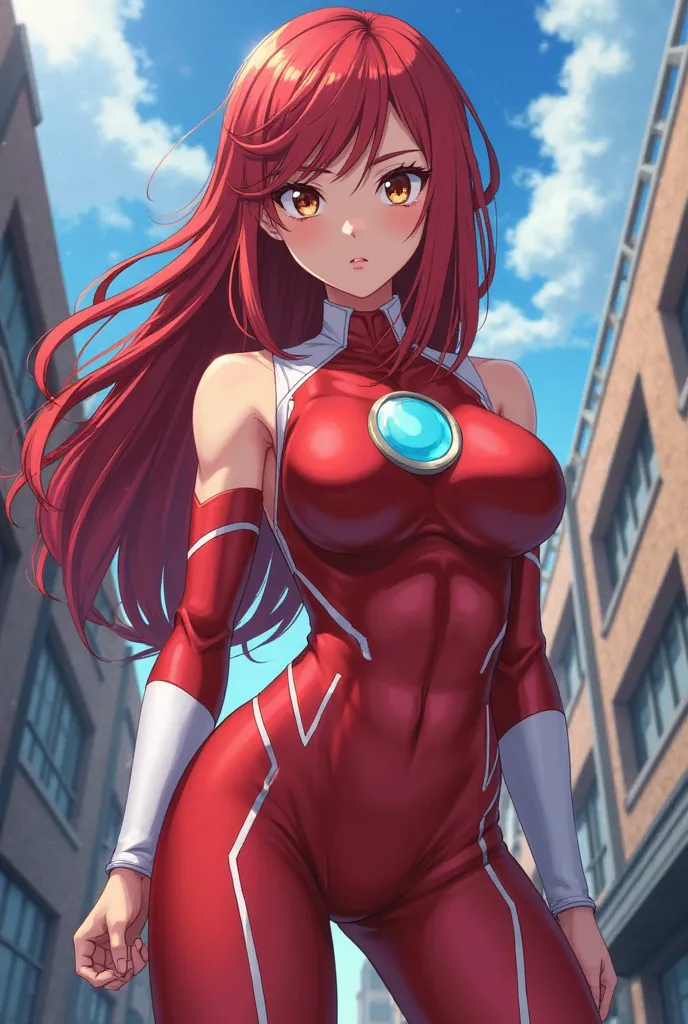 My Hero Academia Style , Anime girl, female, young female ,Full Body Shot,(fighting Pose:2),Long hair, Red Hair,  Brown Eyes,Hero Suit, Full Body Suit, red suit with white details,small round blue jewel in the center of the chest, perfect anatomy,  Toughen...