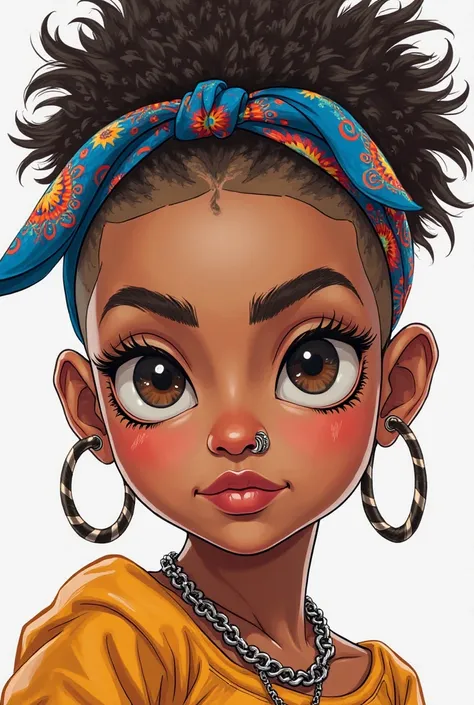 Make me a picture of a cartoon Puerto Rican girl with a buzzed hair cut with a septum piercing and wearing a bandana in her hair 