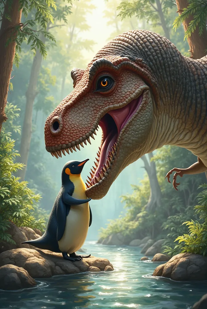 Penguin hugging a Tyrannosaurus rex