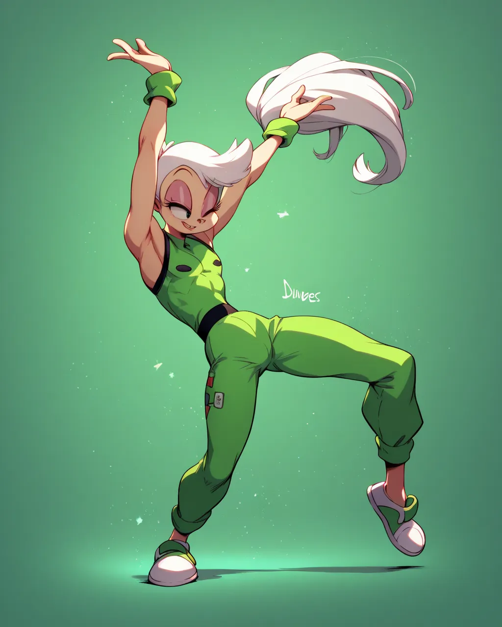 Speed (young human boy, white hair, green and white supersuit), dancing, Tokyo background, tiny toons style, by diives, 