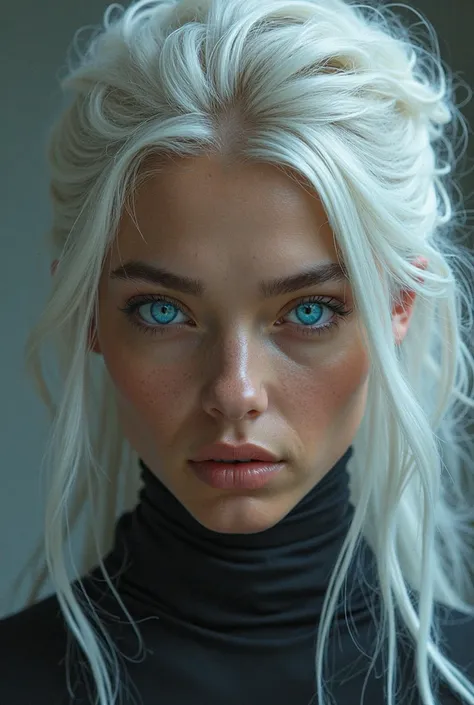 Create one with brown skin and white hair and blue eyes