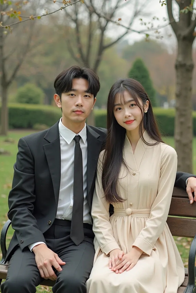 a handsome young man with a Korean face, tall body, wearing neat work clothes complete with jacket and tie, was sitting on a park chair with a beautiful woman with a Korean face, long hair, wearing a casual cream Korean style dress, with the background of ...