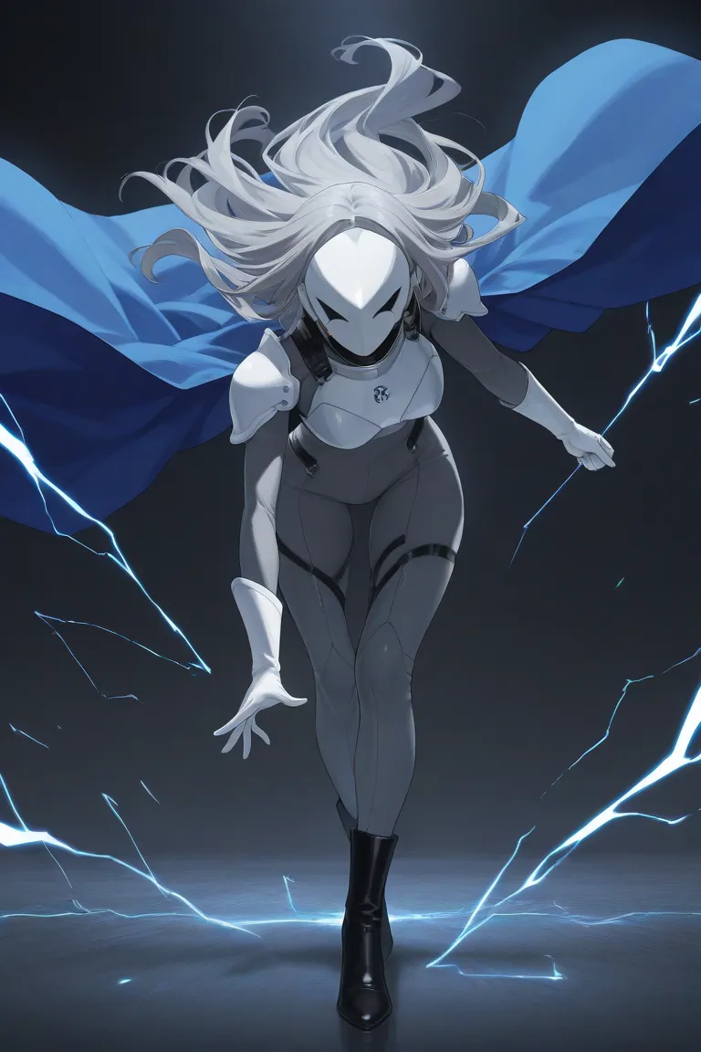 high resolution, masterpiece, necessary, detail, best quality, quality, necessary, details, High details, Precise, 
 
ufotable style, ufotable anime

(Solo) faceless, mask covered face, white mask with black eyes, grey hair, long hair, blue long cape, armo...