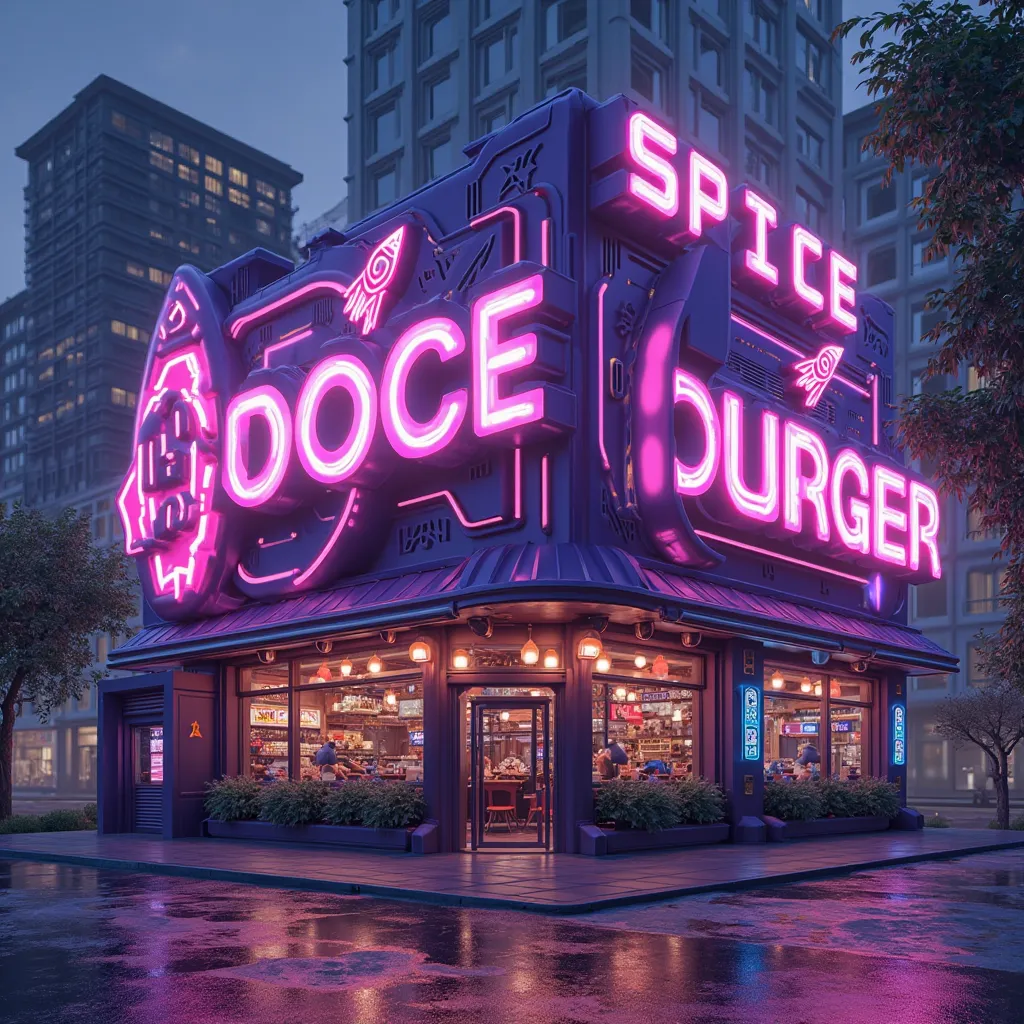 An establishment called Space Burger with a purple theme with rockets is released on the cover ,flashy and creative,A post to attract the public's attention