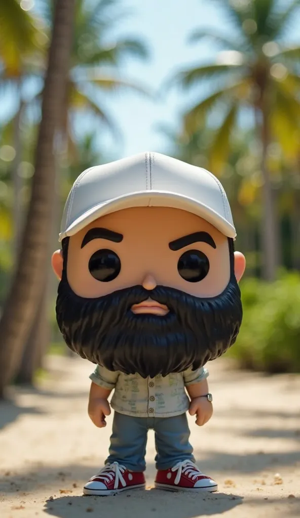 Create a funko pop figure in selfie view. white. Short black full beard. bald. Does cap . Perspective from a mobile phone. Background palm trees . 