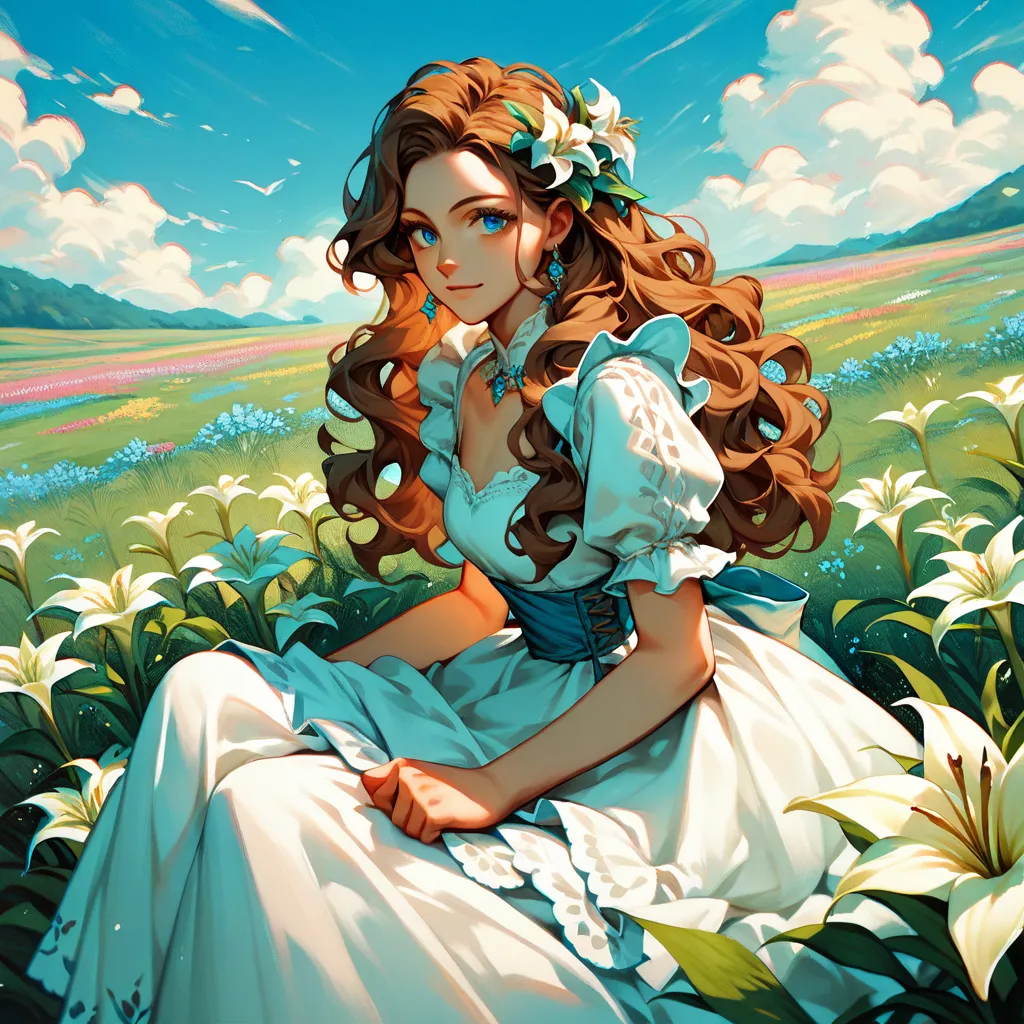 A brown-haired woman with long wavy hair and turquoise blue eyes. The background is a field of flowers and she sits in a chair sitting gracefully like an aristocrat.. She is wearing a long sky blue and white dress with colorful lilies.