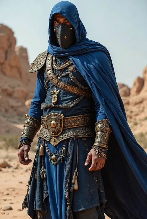 Tunisia warrior with amazir theme black and blue clothes with covered mouth with a face mask