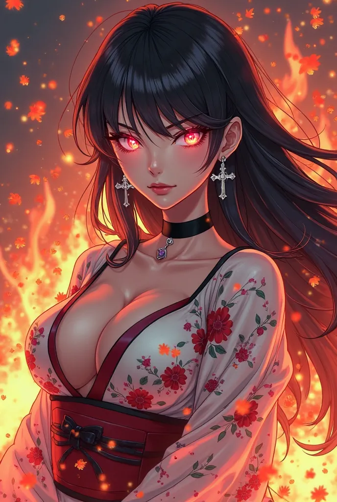 *"An anime-style illustration of a stunning and confident woman with mature, adult features, including a defined jawline and an alluring yet sinister expression. She has a mischievous smirk, slightly narrowed glowing pink eyes that shift between soft ember...