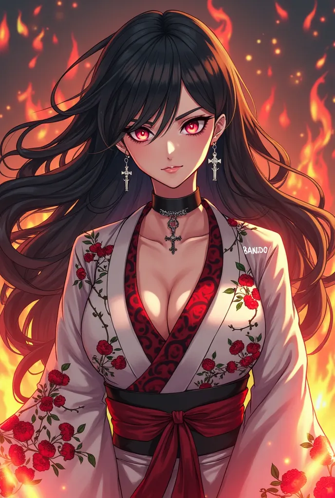 *"An anime-style illustration of a stunning and confident woman with mature, adult features, including a defined jawline and an alluring yet sinister expression. She has a mischievous smirk, slightly narrowed glowing pink eyes that shift between soft ember...