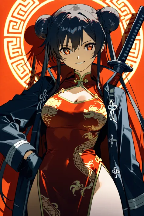 Black double bun hair, Red Cheongsam,Smile,Sword,Anime, gloves,Modern Chinesejacket 