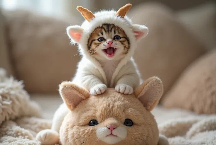 kitten wears a baby goat costume、Ride on the back of a stuffed cat、is laughing。
Not an illustration, a real kitten is wearing a costume。