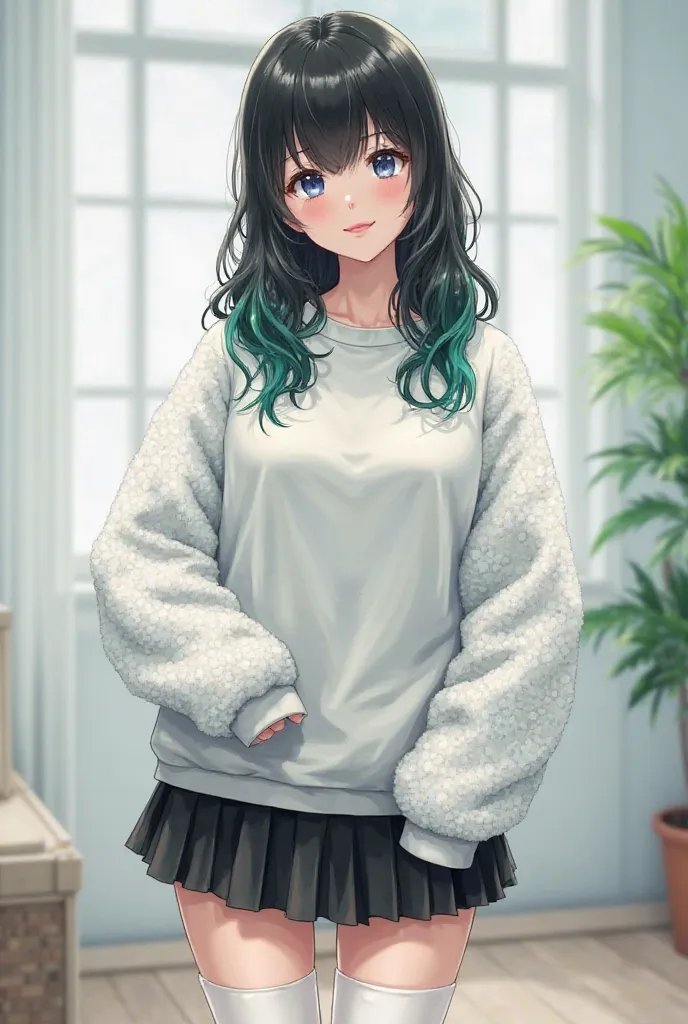 A beautiful 18-year-old with black hair, green highlights, her blue eyes, her pink mouth, she stands in front of her in a fluffy white sweatshirt with a black short skirt and a white stocking that reaches above the knee in a bright environment. 