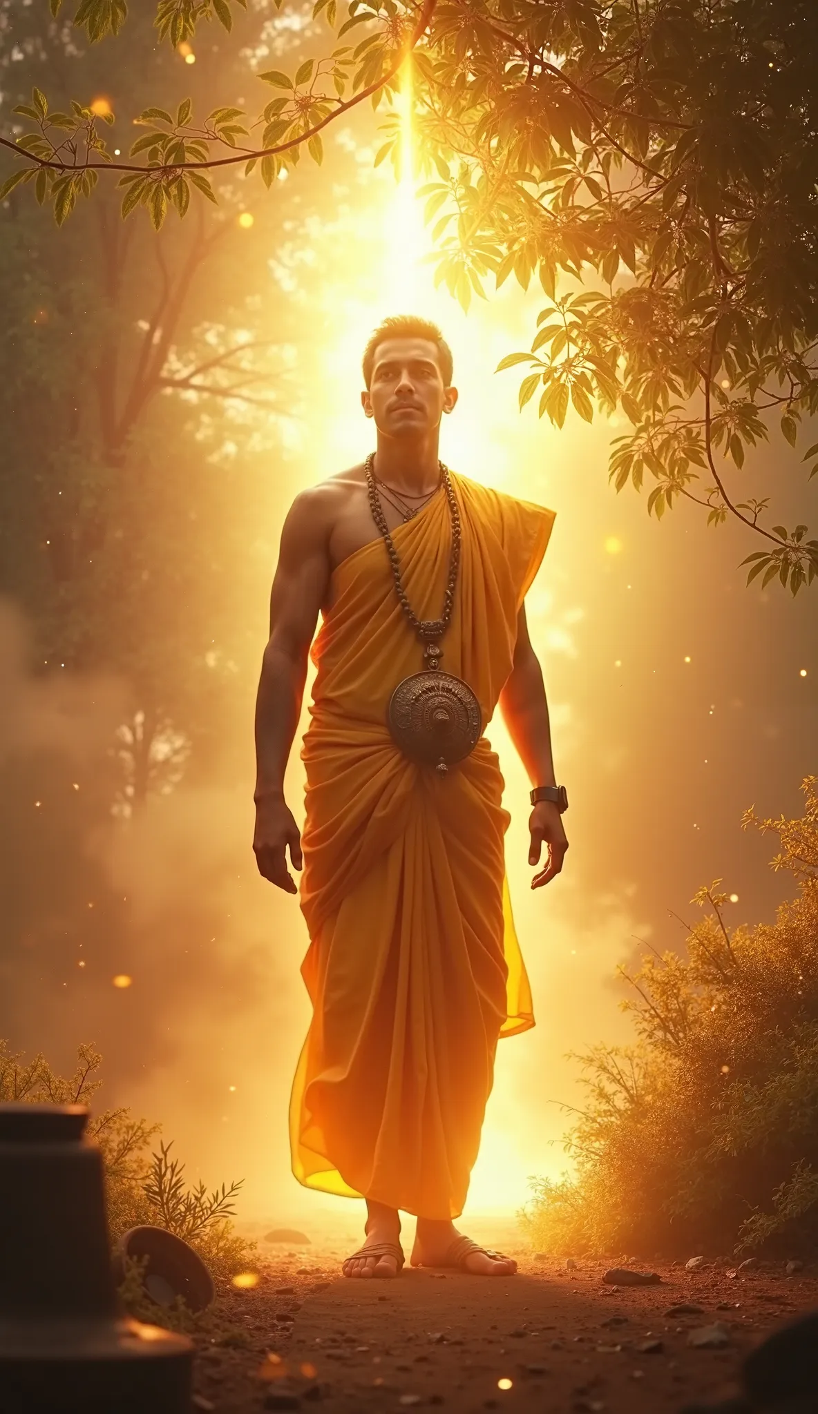 "A symbolic scene representing the increase of lifespan. A person, dressed in traditional South Indian attire, stands in a divine glow, looking healthy and rejuvenated. A mystical aura surrounds them, with celestial beings or divine symbols like sacred lam...