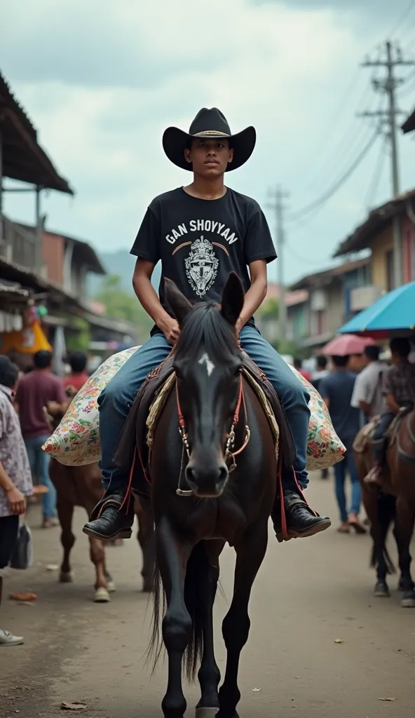  a young Indonesian , age 20's , cowboy hat , blue jeans , black boot , rolexs jam, black t-shirt that read 'Gan Shofyan', carry plastic bags filled with food on a black horse through the streets of a village crowded with Muslims selling food. Culinary sce...