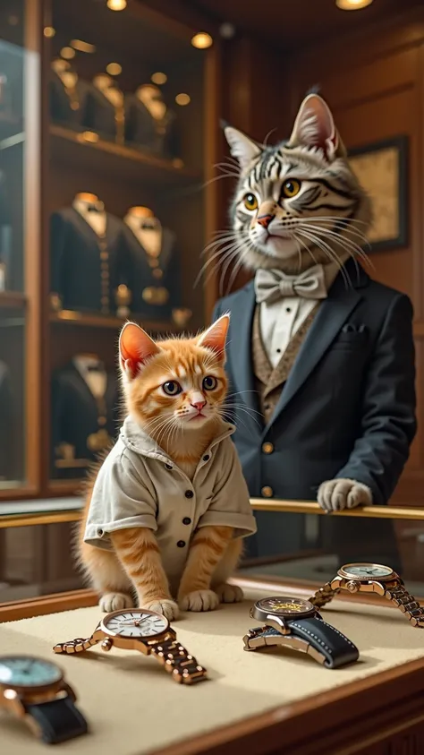 wide view of inside a high class super luxury brand watch and jewelry store in where a poor homeless looking orange kitten with big teary eyes wearing a old white shirt with tears on it  is looking at watches inside a glass counter top inside the store whi...