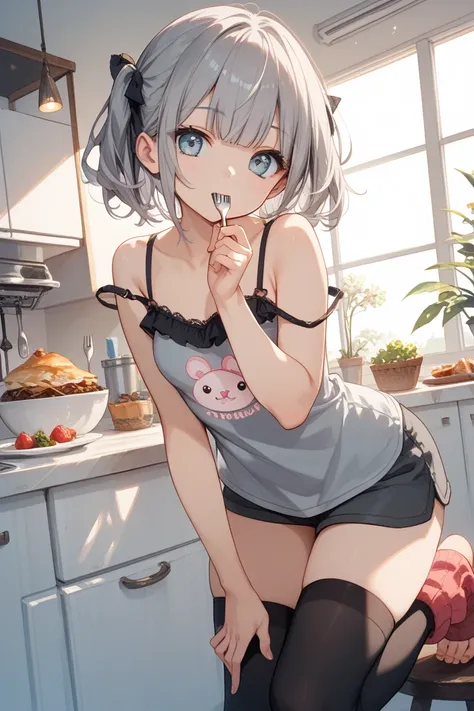 1 person、anime、cute girl、camisole、Black leg warmers、Hold a fork and put it in your mouth、stand、Gray Hair、bangs