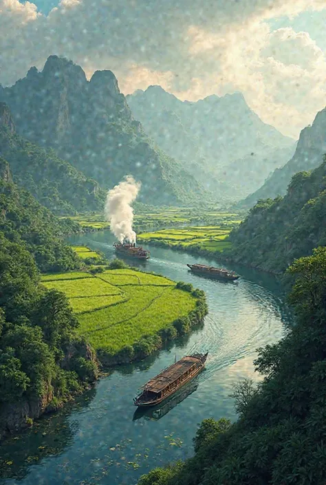 A picture of a rural environment would have boats, paddy fields, rivers, and steamers.