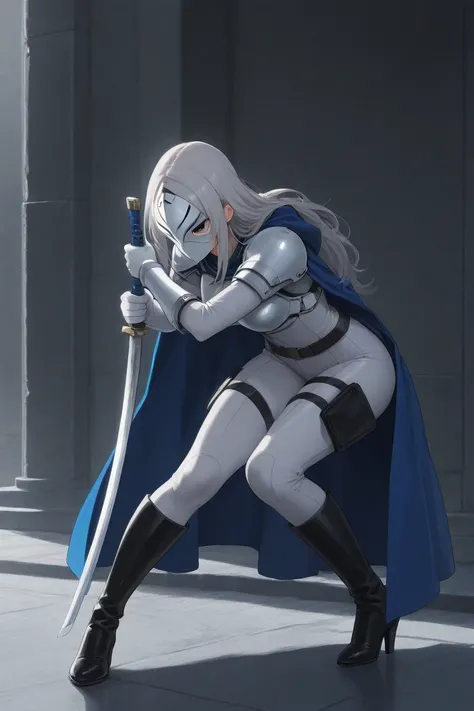 high resolution, masterpiece, necessary, detail, best quality, quality, necessary, details, High details, Precise, 
 
ufotable style, ufotable anime

(Solo) faceless, mask covered face, white mask with black eyes, grey hair, long hair, blue long cape, armo...