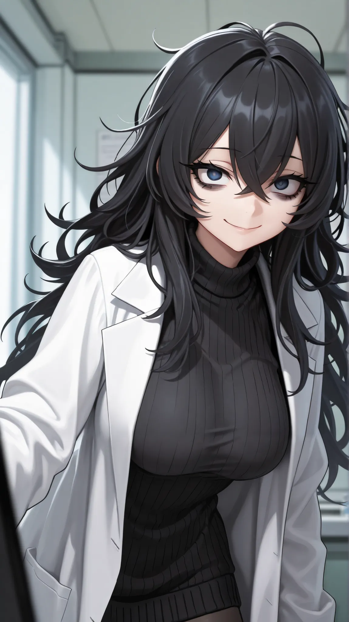 Masterpiece, detailed, high resolution illustration, 1 girl, Mature female, black long hair, hair between eyes, crossed bangs, long eyelashes, black eyelashes, tall, messy hair, smile, bags under eyes, medium breasts, crazy eyes, sweater, lab coat, smile, ...