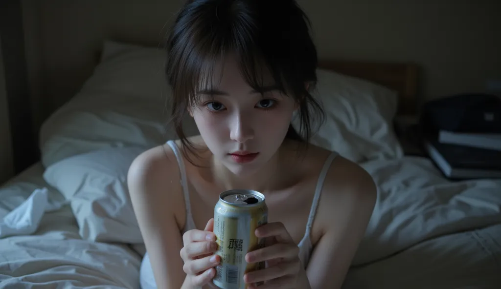 Crying Japanese woman opening beer can