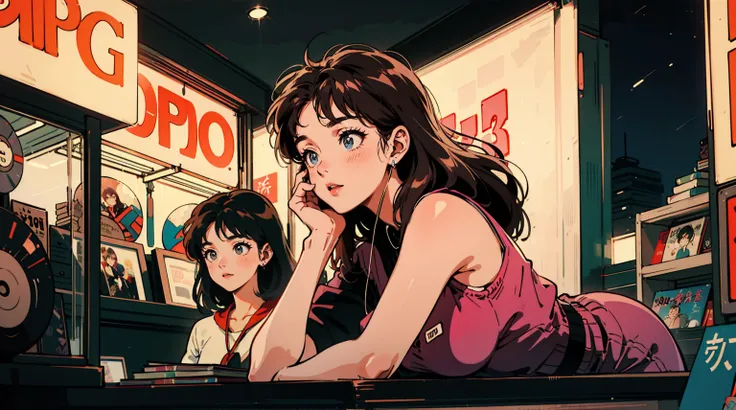 beautiful girl, Alone, 1980s Tokyo beautiful night, retro, 21 years old, beautiful woman, Bob hair, black eyes, Wearing large headphone, Record shop, listening to Citypop music, brown hair, Night