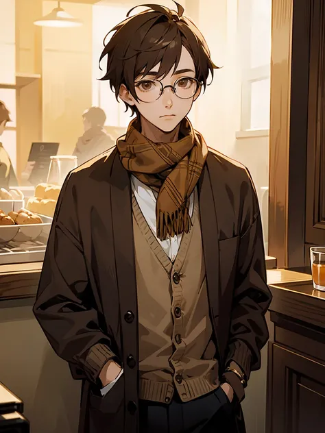 1male , Standing inside of a coffee shop wearing a cardigan and glasses as well as a brown gucci scarf , (Masterpiece Quality) , (Detailed Background)